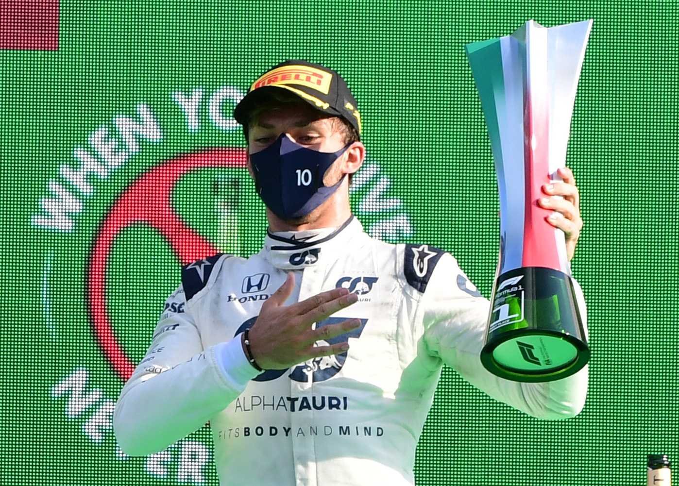 Pierre Gasly poses after winning the Italian Grand Prix