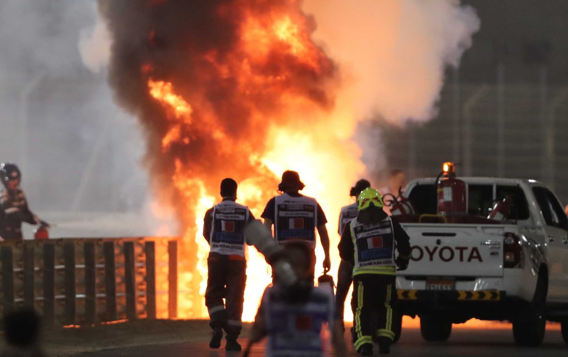 Scenes following the crash of Romain Grosjean in the Bahrain Grand Prix