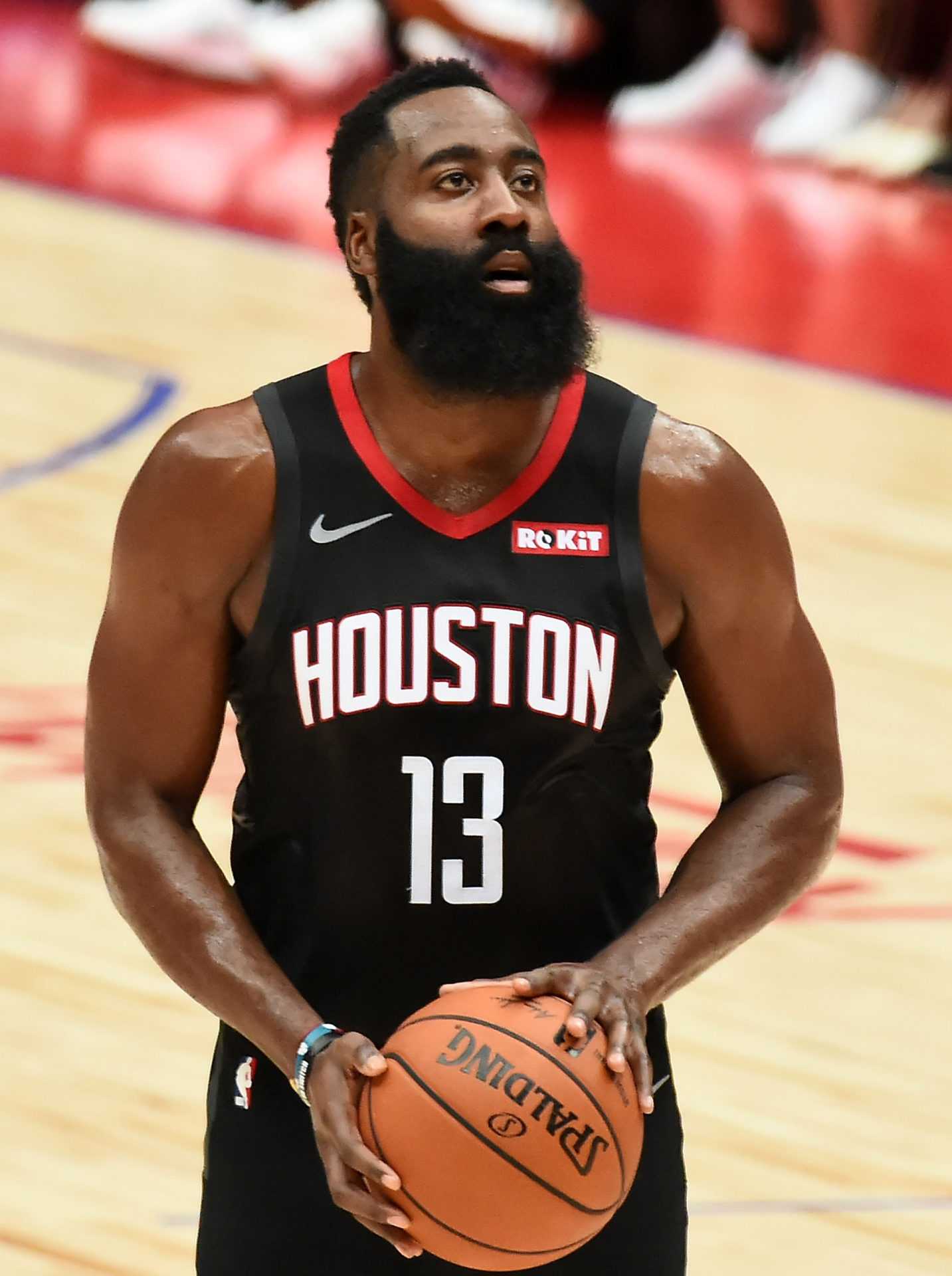 James Harden at the free throw line during a pre-season game