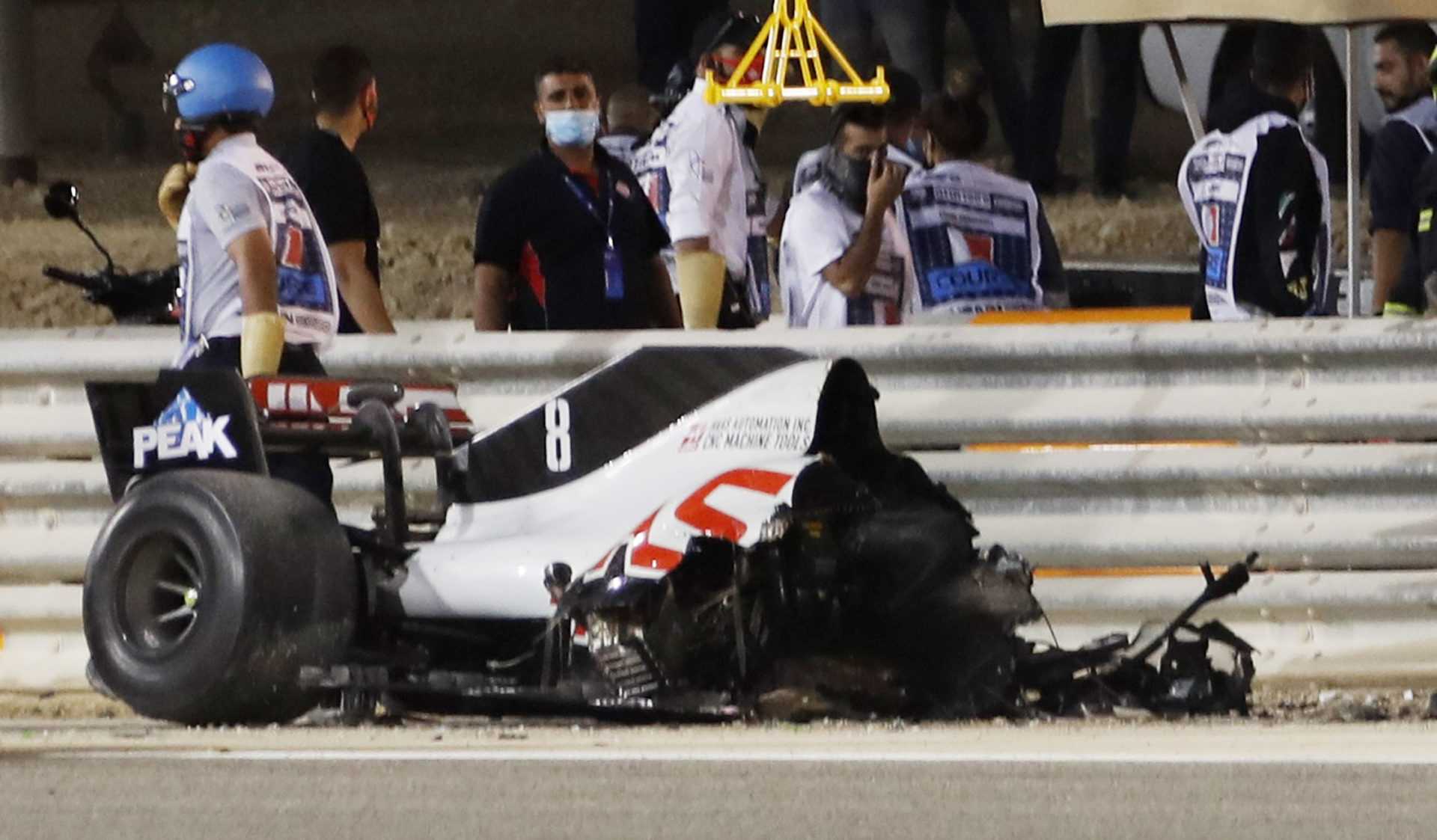 Ce qui reste de la voiture Haas de Romain Grosjean après l'incident
