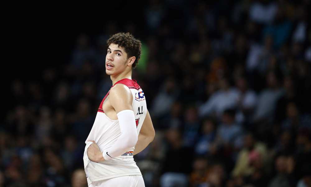 LaMelo Ball of the Hawks looks on during the round four NBL match between the New Zealand Breakers and the Illawarra Hawks at Spark Arena on October 24, 2019 in Auckland, New Zealand.