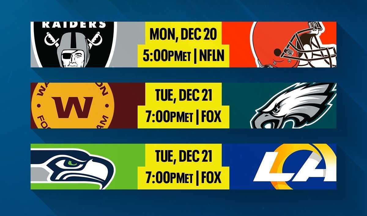 La NFL annonce des changements d'horaire pour la semaine 15 ;  Le football du dimanche soir devient le football du mardi soir